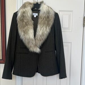 LOFT olive Blazer with tan removable, Faux Fur Collar